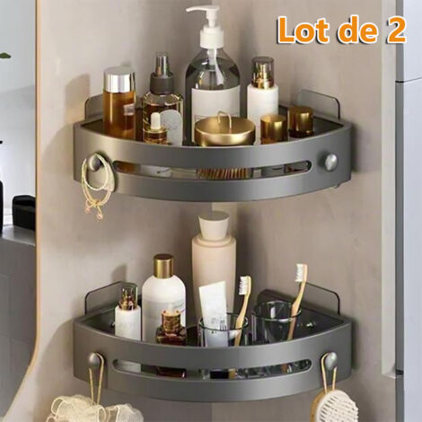 Lot de 2 Étagère d'angle sans perforation,support de rangement de salle de bain,panier triangulaire facile à installer,support de rangement avec deux crochets