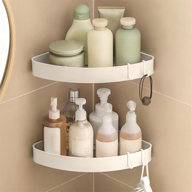Etagere Douche Angle, Etagère de Douche d'angle en avec 4 Crochets, Blanc sans Perçage Accessoire, Rangement et Organisation de La Salle de Bain