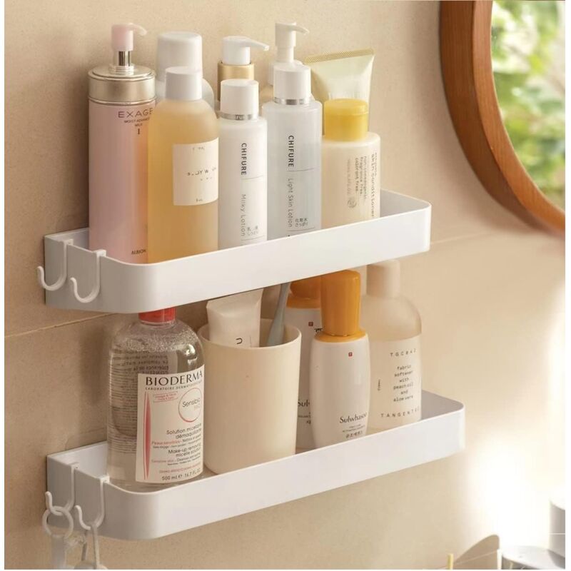 Lot de 2 Etagère Douche, Serviteur de Douche Sans Perçage, Etagere Murale avec 6 Crochets Amovibles, pour Salle de Bain, Cuisine, Blanc