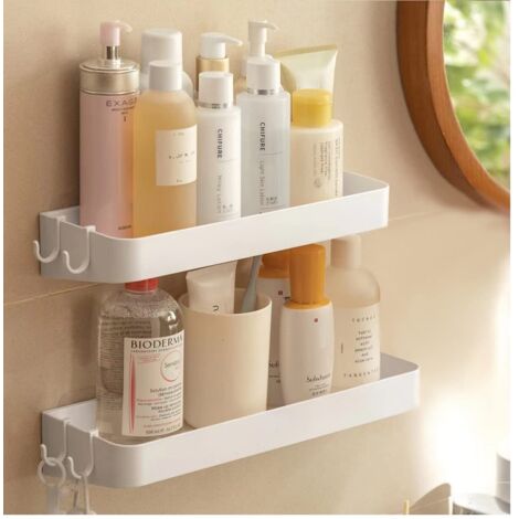 Lot de 2 Etagère Douche, Serviteur de Douche Sans Perçage, Etagere Murale avec 6 Crochets Amovibles, pour Salle de Bain, Cuisine, Blanc