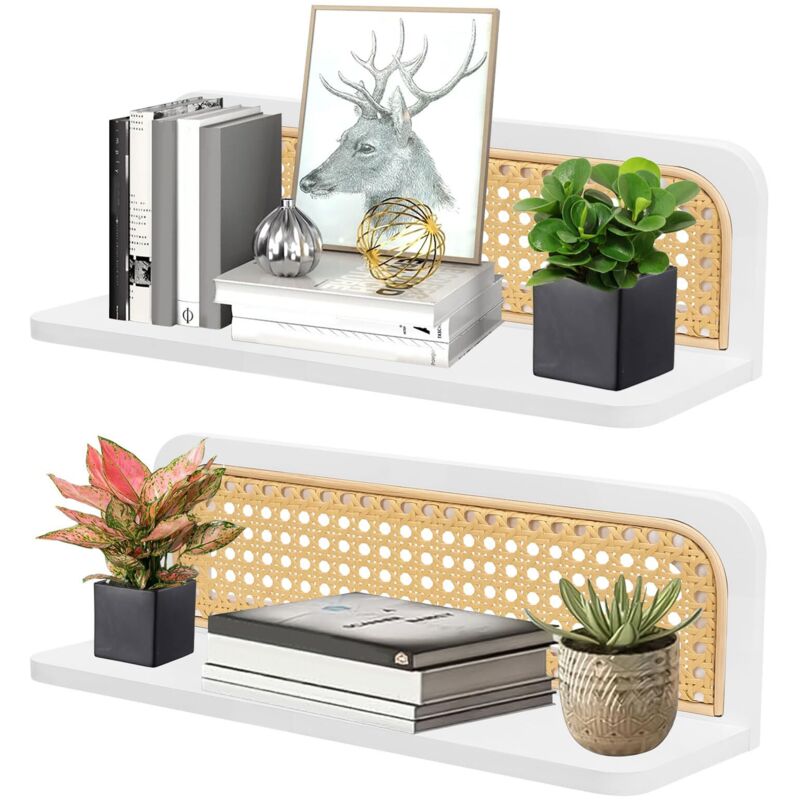 Lot de 2 Étagère Murale Blanche Boho, Étagère Murales Bois Suspendue Étagères Murales en Rotin Etagere Flottante de Rangement pour Salon, Cuisine,