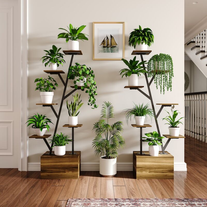 Lot de 2 Étagère Plante avec Lampe de Croissance, Bibliothèque Forme Arbre 6 Niveaux, Porte-Pot Intérieur pour Salon, 40x30x140 cm - Noyer
