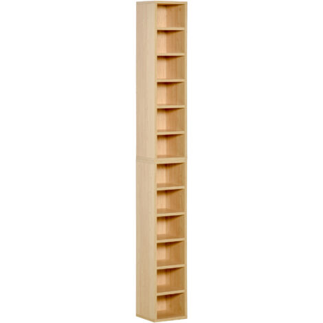 Lot de 2 étagères colonnes 6+6 compartiments pour CD-DVD, meuble de rangement en hêtre, 21x19x88 cm, charge max 160 CD
