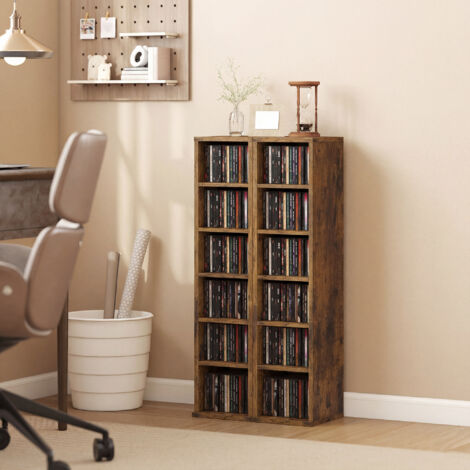 Lot de 2 étagères colonnes armoire de rangement CD-DVD 12 compartiments 21 x 22.5 x 88.5 cm capacité 204 CD marron