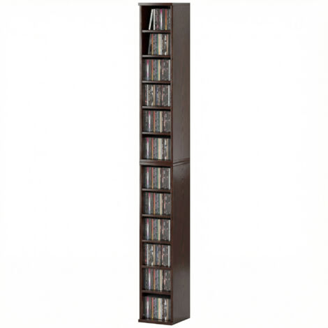 Lot de 2 étagères colonnes CD-DVD, 12 compartiments, 21 x 22,5 x 88,5 cm, capacité 204 CD, marron