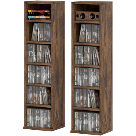 Lot de 2 étagères colonnes de rangement CD, 12 compartiments, 21 x 22,5 x 88,5 cm, capacité 204 CD, brun rustique