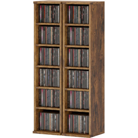 Lot de 2 étagères colonnes pour CD-DVD, 12 compartiments, 21x22,5x88,5 cm, capacité 204 CD, marron