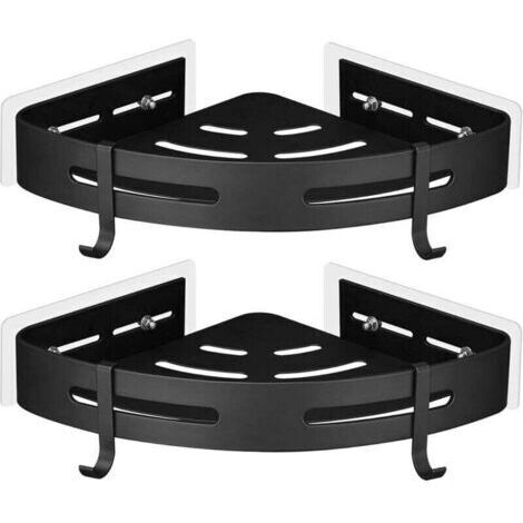 Lot de 2 étagères d'angle de douche en métal sans perçage avec 2 crochets de douche, support autocollant antirouille pour fournitures de salle de bain (noir)