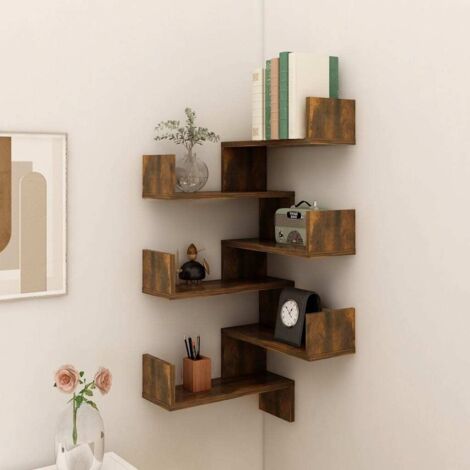 Lot de 2 Étagères d'angle murales Étagère de Rangement - Meuble de rangement Chêne fumé 40x40x50 cm Bois BV860963