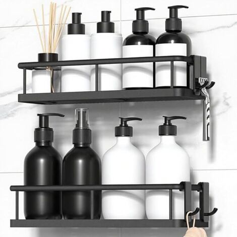 Lot de 2 étagères de douche sans perçage - Étagère de douche sans perçage - Support de douche pour shampooing, panier de douche avec 4 crochets amovibles - Noir