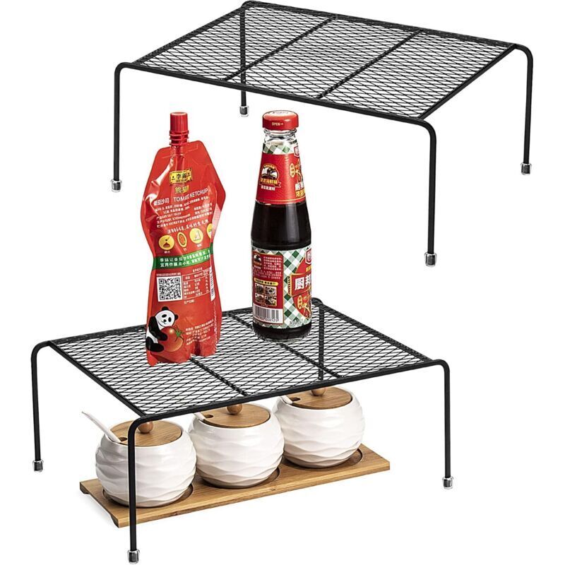 Lot de 2 étagères de rangement pour placard de cuisine - Pour armoires de cuisine, comptoirs, garde-manger, aliments et ustensiles (noir)