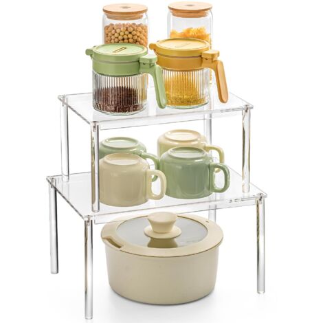 Lot de 2 étagères de rangement transparentes pour cuisine, étagère à épices à poser, étagère pour placard de cuisine, étagère à épices empilable