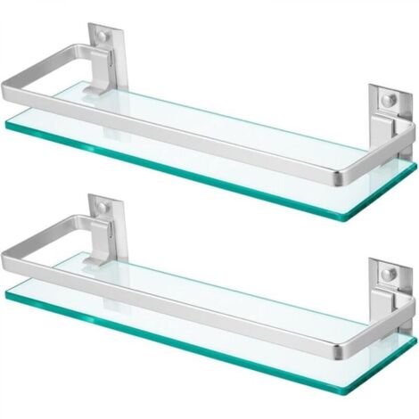 Lot de 2 étagères de salle de bain en verre trempé avec rail, étagère de douche rectangulaire 38 x 11,4 cm, porte-shampoing mural flottant pour toilettes, cuisine et salon