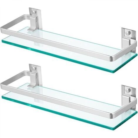 Lot de 2 étagères de salle de bain en verre trempé avec rampes, étagère de douche rectangulaire 28 x 11,4 cm, porte-shampoing mural flottant pour salle de bain, cuisine et salon