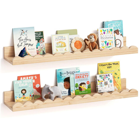 Lot de 2 Étagères flottantes en bois pour chambre d'enfant 58cm, design ondulé anti-chute, rangement livres pour bébé et tout-petit