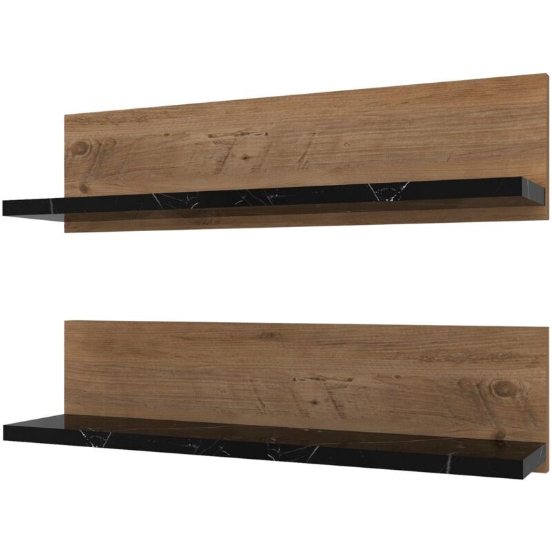 Lot de 2 étagères murales Ashile L60cm Bois clair et Effet marbre Noir Lot de 2 étagères murales Ashile L60cm Bois clair et Effet marbre Noir