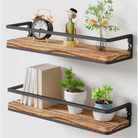 Lot de 2 Étagères Murales en Bois et Fil de Fer Étagères Flottantes Tablettes Industrielles Décoration Salon Chambre Bureau