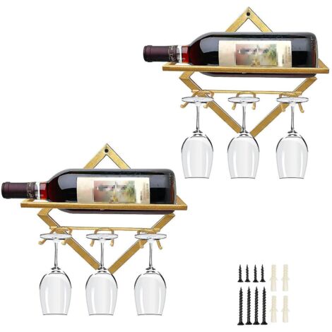 Lot de 2 étagères murales en métal pour bouteilles de vin, 26,7 x 26,7 cm, idéales pour la décoration de la maison, de la cuisine ou du bar. Porte-verres à vin doré.