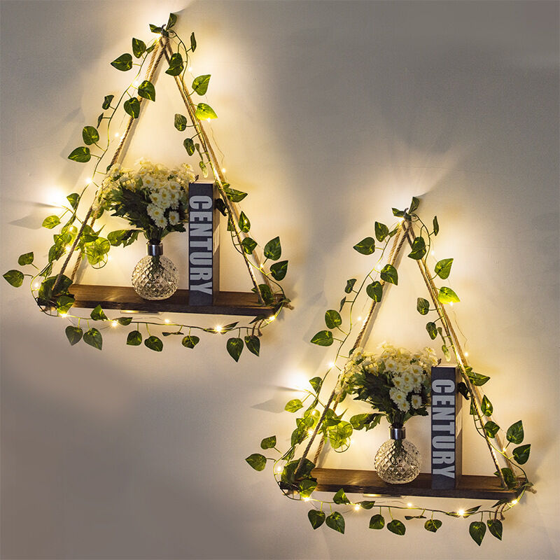 Lot de 2 étagères Suspendues en Macramé Lierre Artificiel Bande LED étagère Flottante Bois Murale Deco Macrame Mural Etagere Murale Enfant Etagere