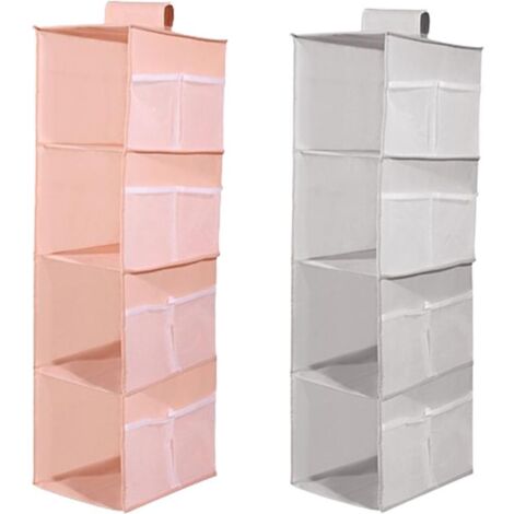 Lot de 2 étagères suspendues pour penderie, 4 Compartiments, avec 12 Poches latérales en Filet pour Armoire familiale, Chambre à Coucher, Pliables et Coupe Universelle (Gris et Rose)