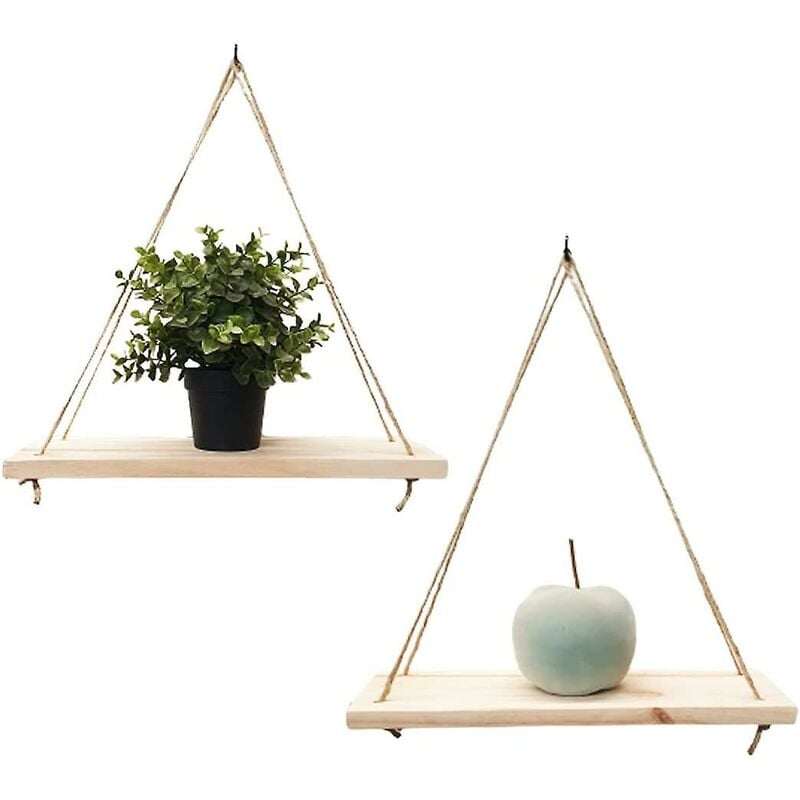 Lot de 2 - Etagère Murale Suspendue - Décoration Tendance en Bois Recyclé - Crochet Inclus - Essence de Pin - 35 cm x 14 cm - Réalisée de Façon