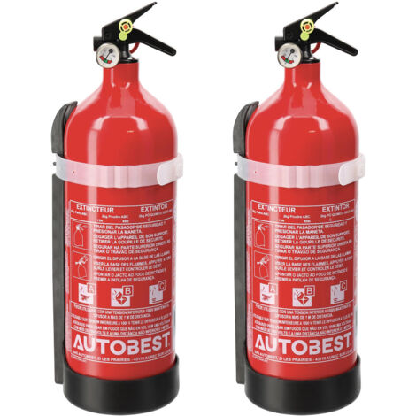 Autobest – Lot de 2 extincteurs 2kg poudre classe ABC avec manomètre – Conforme aux normes de sécurité – Pour maisons, bureaux et ateliers