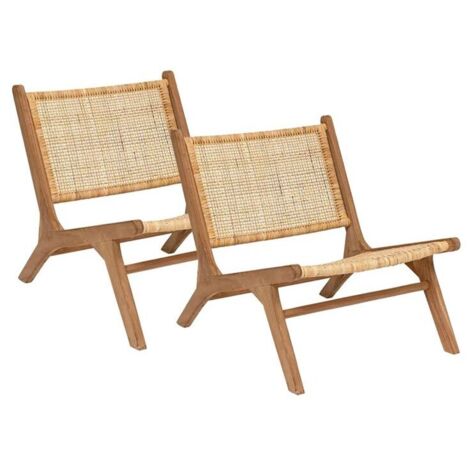 Lot de 2 Fauteuil chaise en teck et tressage en rotin - Longueur 65 x largeur 80 x Hauteur 71 cm