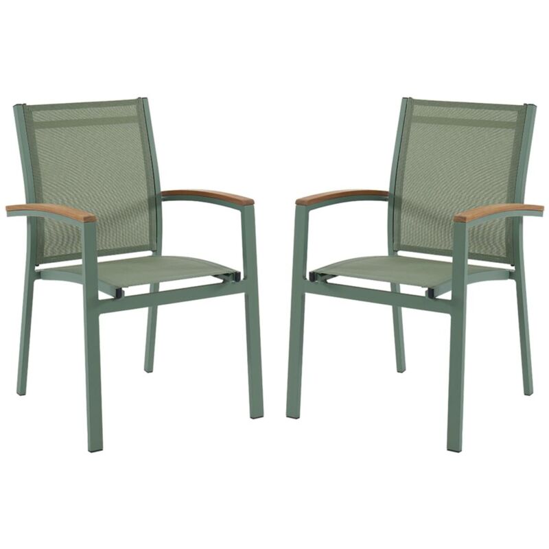 Vente-unique - Lot de 2 fauteuils de jardin empilables en aluminium et textilène - Vert amande et accoudoirs acacia - taipivai de mylia