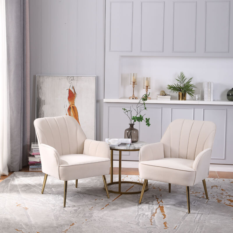Lot de 2 Fauteuil relax en velours, chaise de loisirs, pour salon, bureau, beige
