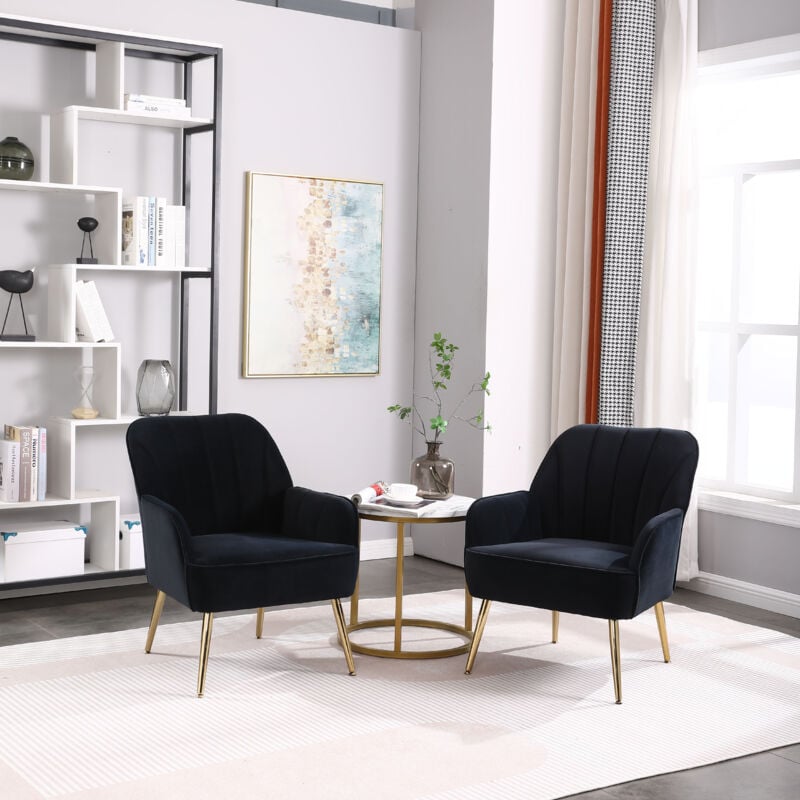 Lot de 2 Fauteuil relax en velours, chaise de loisirs, pour salon, bureau, noir