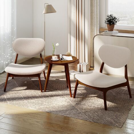 Lot de 2 Fauteuil Salon Confortable avec Petite Table Basse Fauteuil de Lecture Bouclette Cadre en Bois Massif Beige