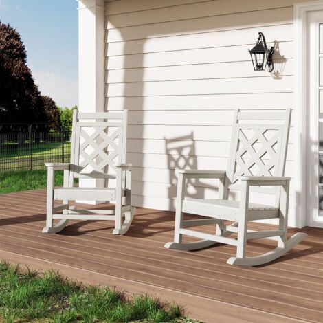 Lot de 2 fauteuils à bascule jardin HDPE aspect bois, dossier maillé carré. Très résistant, charge 380 kg, facile d’entretien, idéal pour terrasse et jardin