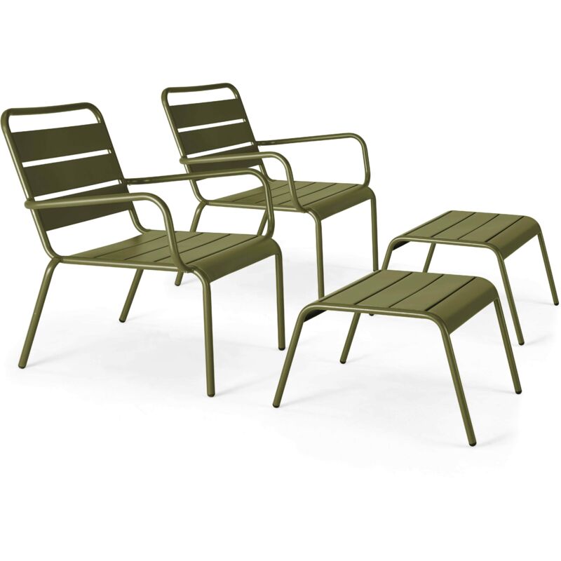 Lot de 2 fauteuils relax avec repose-pieds en métal Vert Kaki - Palavas