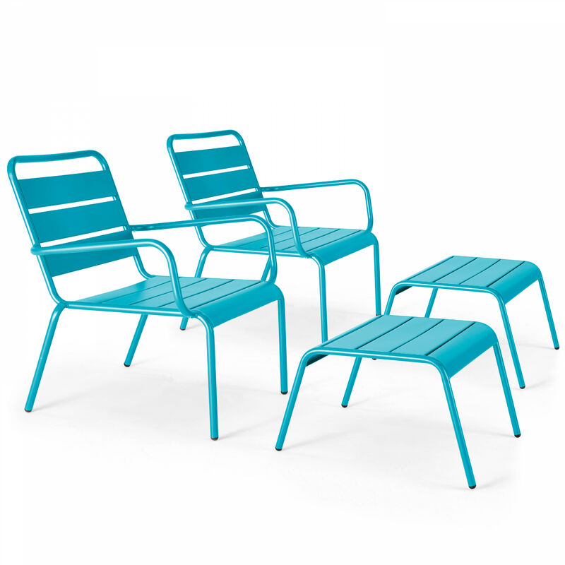 Oviala - Lot de 2 fauteuils relax avec repose-pieds en métal bleu - Palavas - Bleu