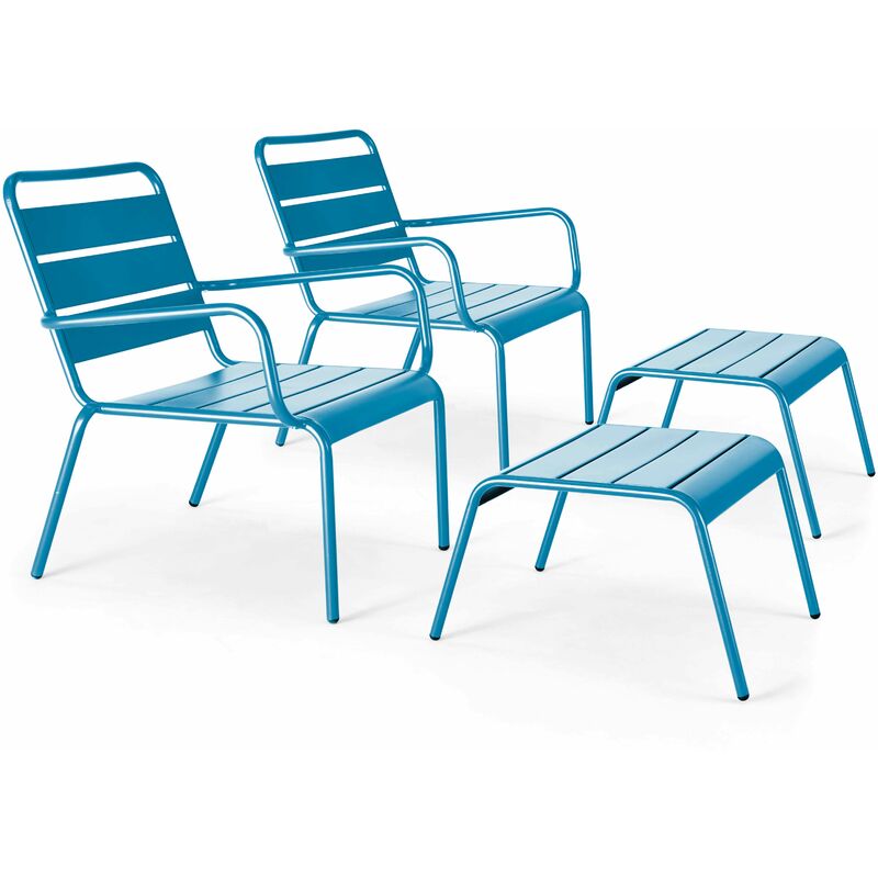 Oviala - Lot de 2 fauteuils relax avec repose-pieds en métal bleu pacific - Palavas - Bleu Pacific