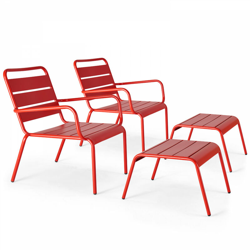 Lot de 2 fauteuils relax avec repose-pieds en métal rouge - Palavas