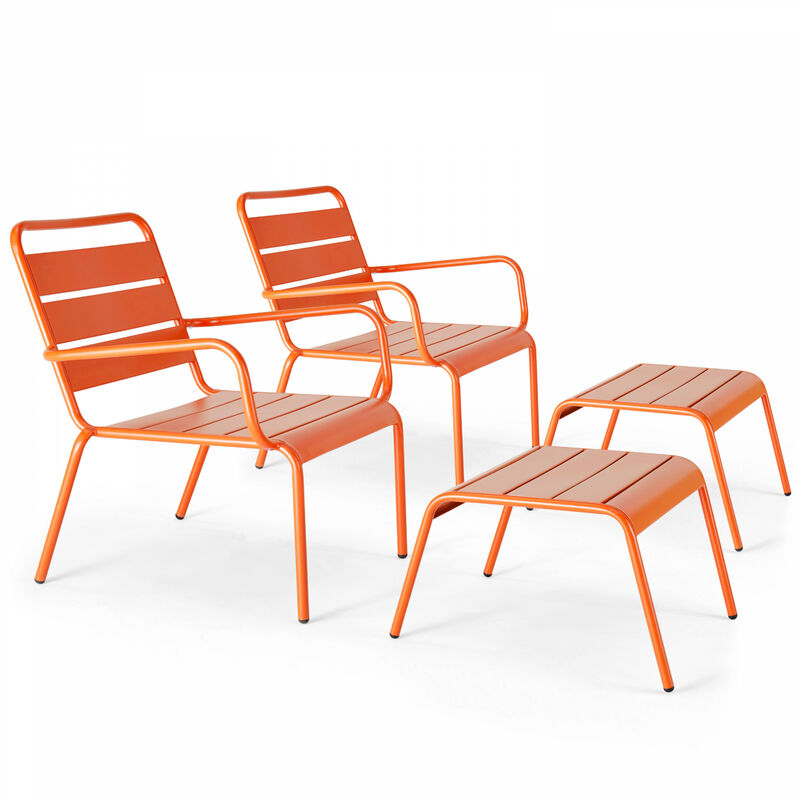 Lot de 2 fauteuils relax avec repose-pieds en métal orange - Palavas - Orange
