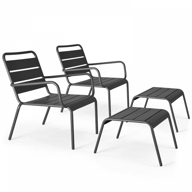 Oviala - Lot de 2 fauteuils relax avec repose-pieds en métal gris - Palavas