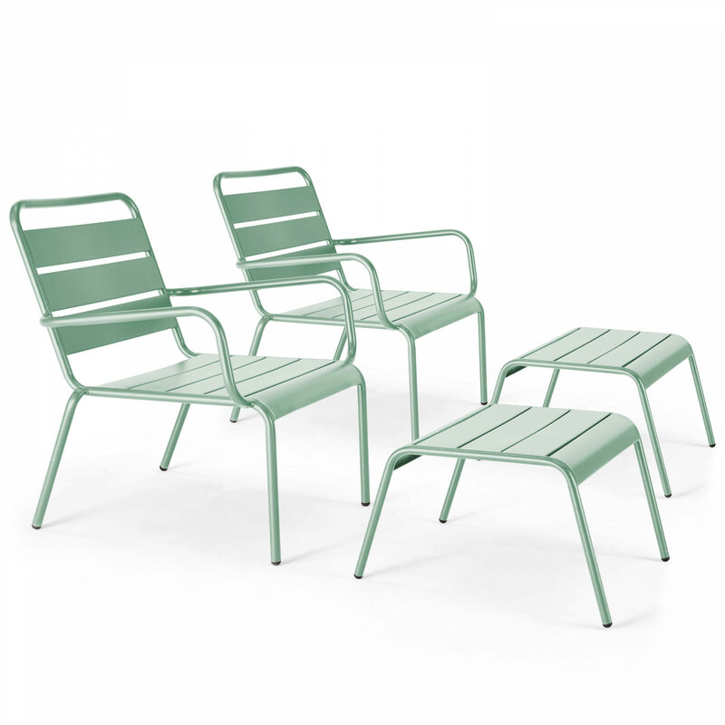 Lot de 2 fauteuils relax avec repose-pieds en métal vert sauge - Palavas - Vert Sauge