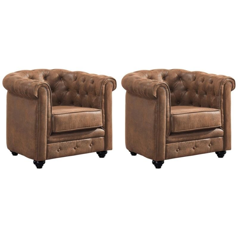 Vente-unique - Lot de 2 Fauteuils chesterfield en microfibre aspect cuir vieilli