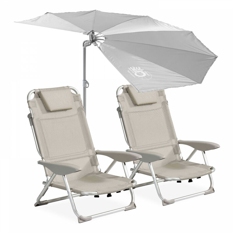 Lot de 2 fauteuils Clic Clac des plages (65 x 58 x 77 cm) avec parasol Clic Clac des plages - Gris