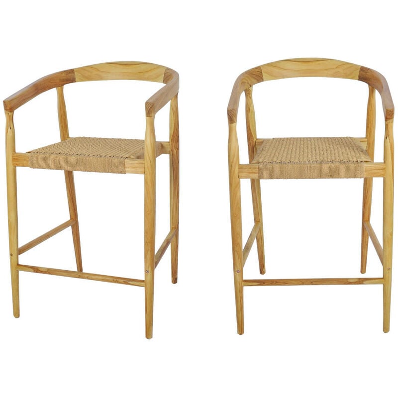 Drawer - Lot de 2 fauteuils de bar en teck et corde tressé H65cm - Bois clair - Buri