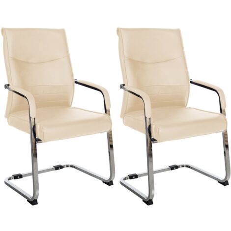 Lot de 2 fauteuils de bureau chaises visiteur sans roulettes piétement luge en métal chromé et assise en PVC crème 100003095