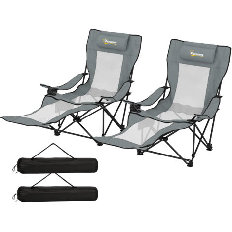 Lot de 2 fauteuils de camping inclinables 4 positions, repose-pieds amovible, porte-gobelet, 125x80x90cm, gris