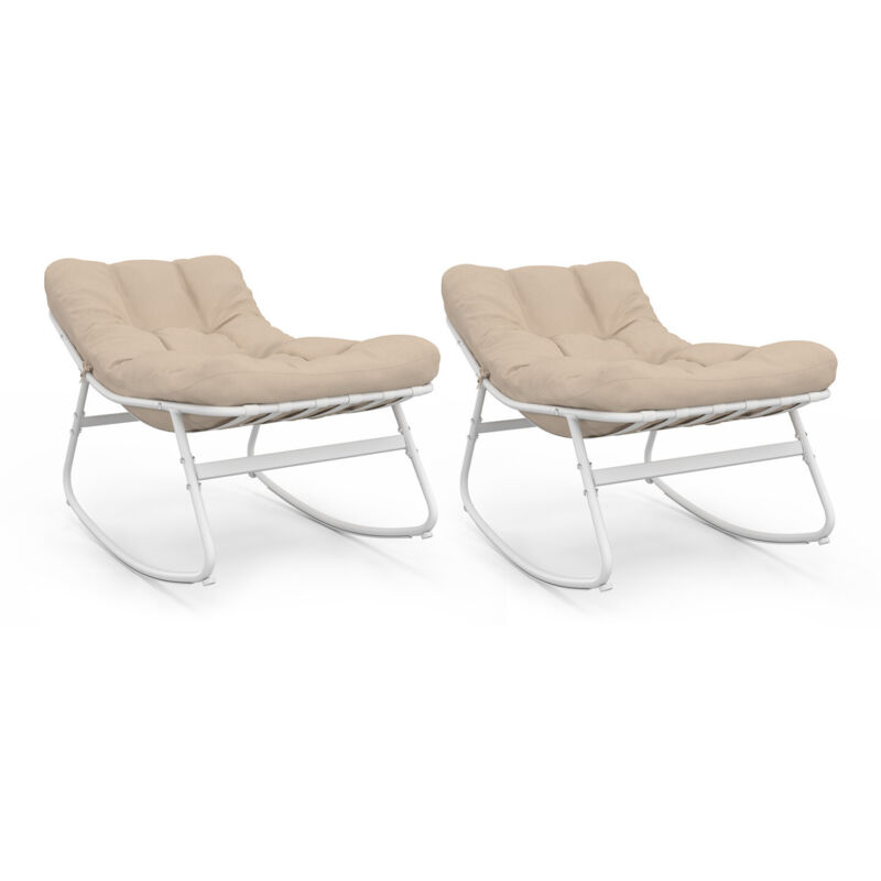 Lot de 2 fauteuils de jardin à bascule ARONA blanc coussin beige Lot de 2 fauteuils de jardin à bascule ARONA blanc coussin beige