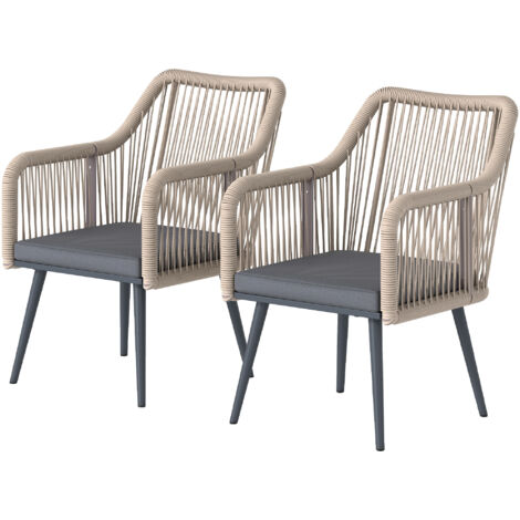 Lot de 2 Fauteuils de Jardin avec Coussin et Accoudoirs, Acier et Rotin PE, 54x65x80 cm, Gris Anthracite