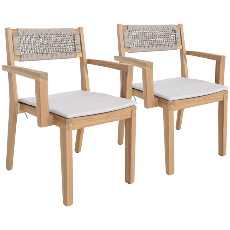 Lot de 2 fauteuils de jardin beige GALENA bois d'acacia avec coussin et corde. 59 x 55 x 81 cm