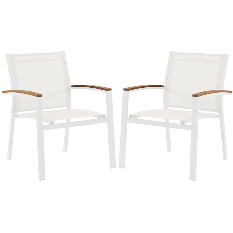 Vente-unique - Lot de 2 fauteuils de jardin empilables en aluminium et textilène - Blanc et accoudoirs acacia - taipivai de mylia