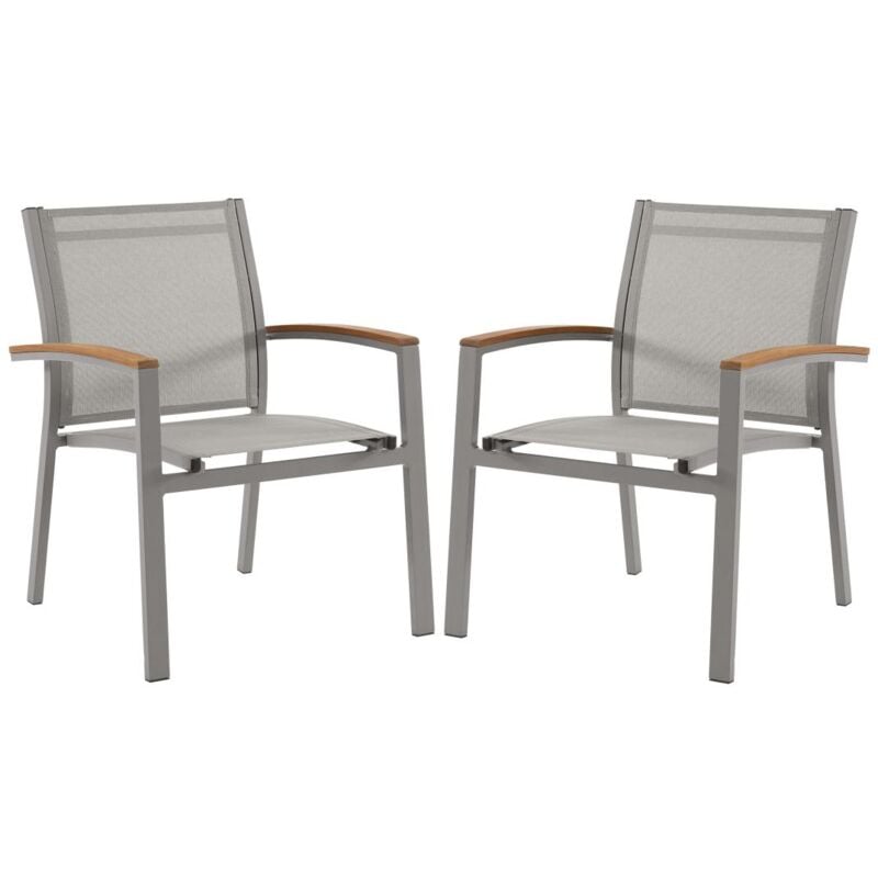 Vente-unique - Lot de 2 fauteuils de jardin empilables en aluminium et textilène - Taupe et accoudoirs acacia - taipivai de mylia