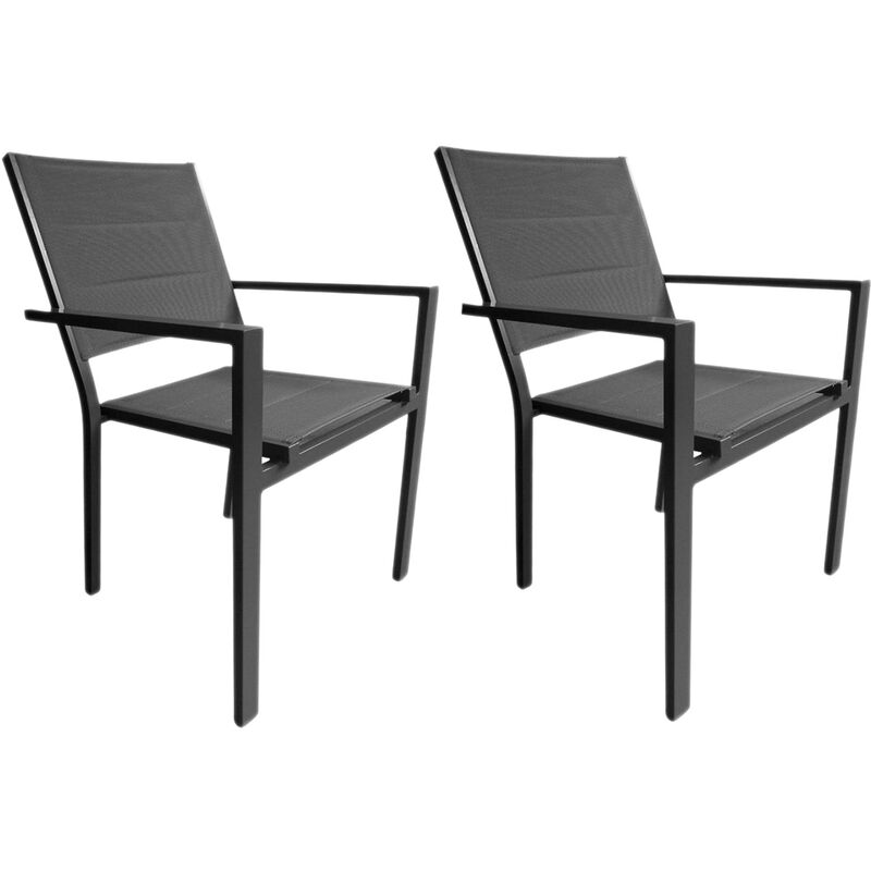 lot de 2 fauteuils avec structure aluminium et textilène matelassé gris, empilables, ibiza anthracite jardiline